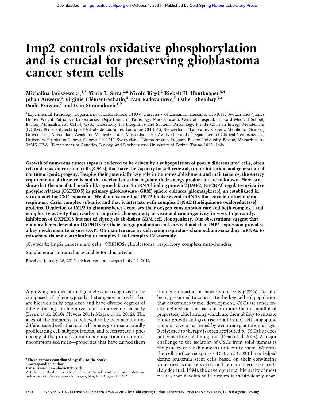 Imp2 Controls Oxidative Phosphorylation and Is Crucial for Preserving Glioblastoma Cancer Stem Cells