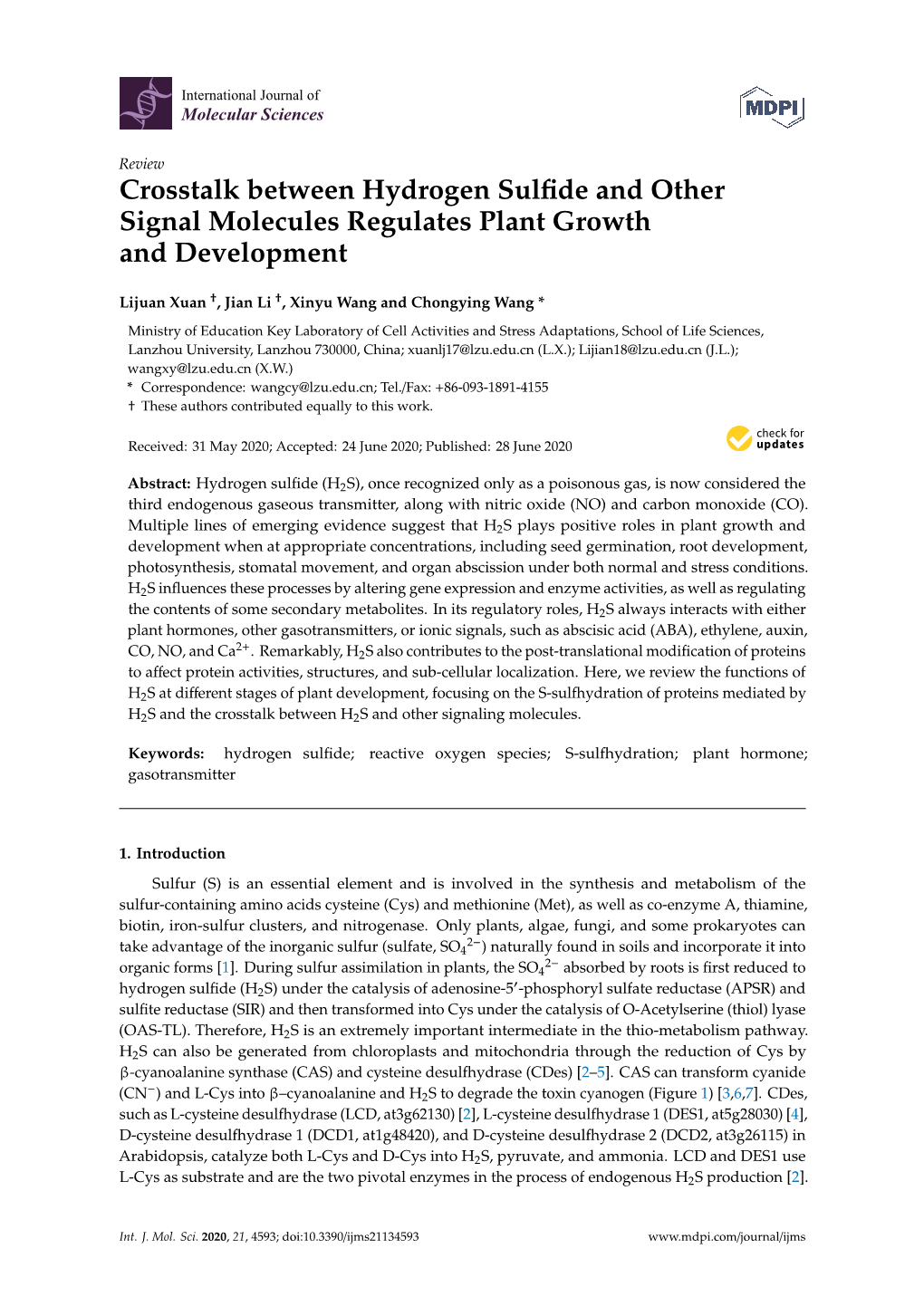 Crosstalk Between Hydrogen Sulfide and Other Signal Molecules