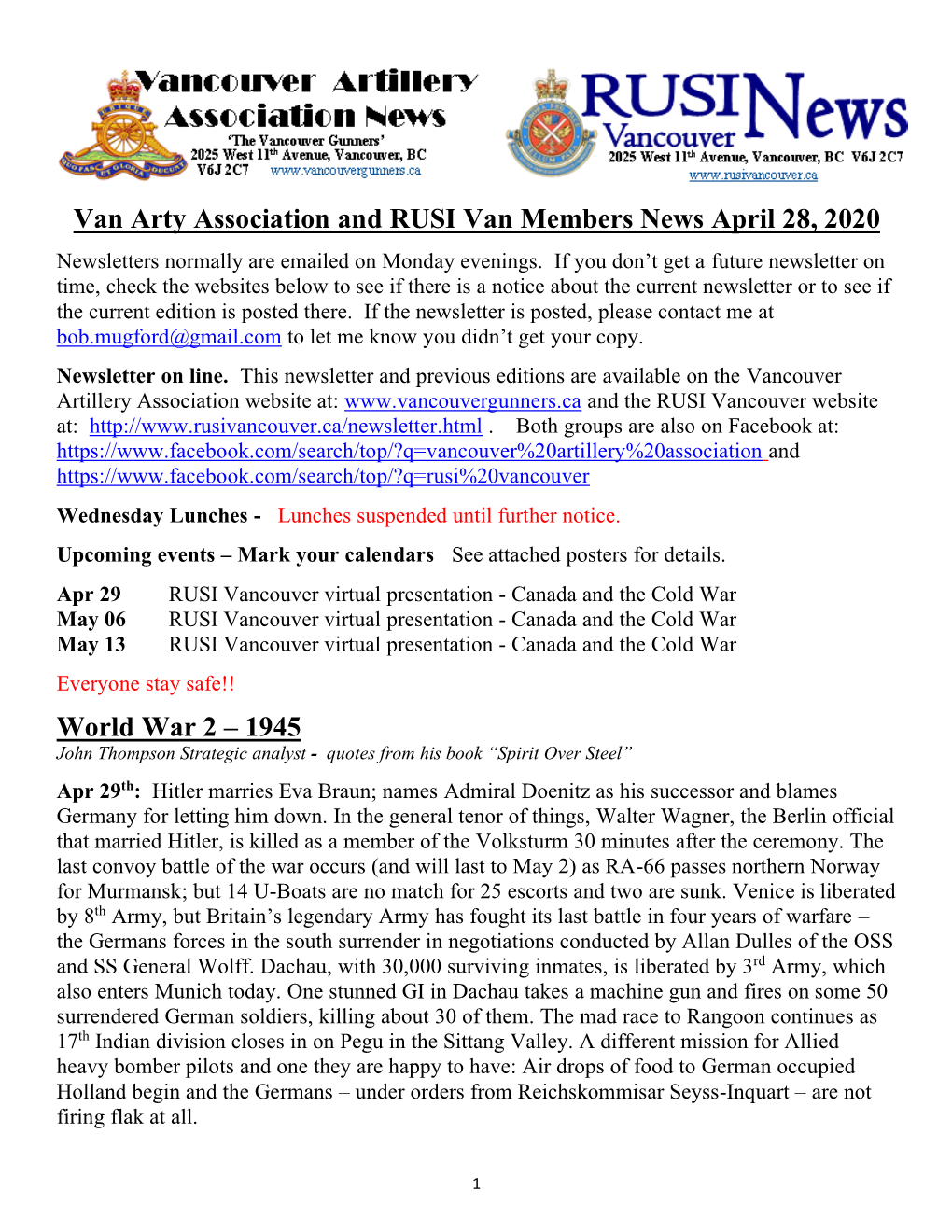 Van Arty Association and RUSI Van Members News April 28, 2020