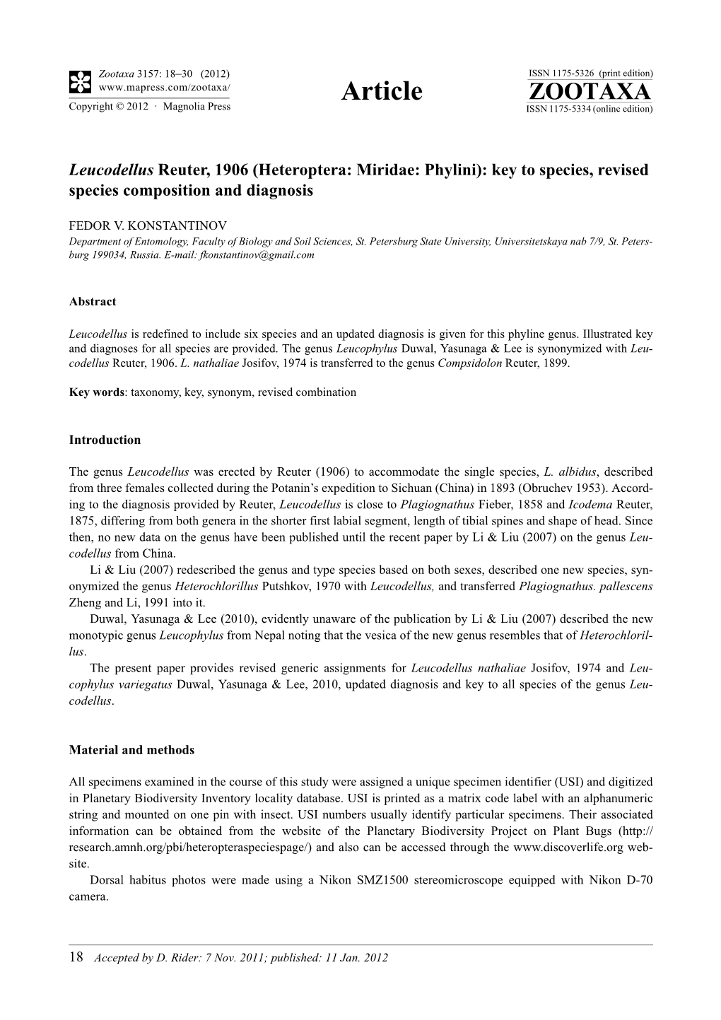 Heteroptera: Miridae: Phylini): Key to Species, Revised Species Composition and Diagnosis