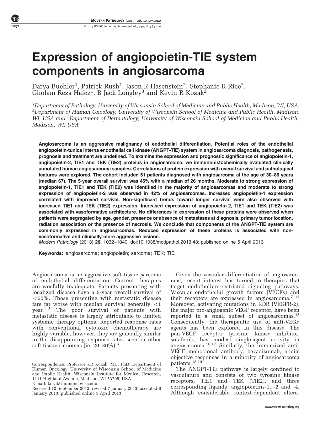 Expression of Angiopoietin-TIE System Components in Angiosarcoma