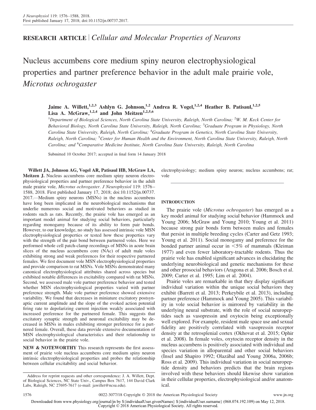 Nucleus Accumbens Core Medium Spiny Neuron Electrophysiological Properties and Partner Preference Behavior in the Adult Male Prairie Vole, Microtus Ochrogaster