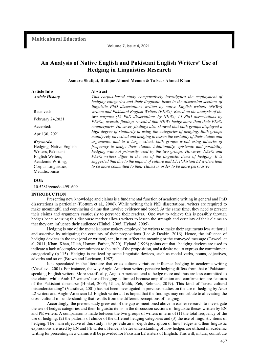 An Analysis of Native English and Pakistani English Writers' Use Of