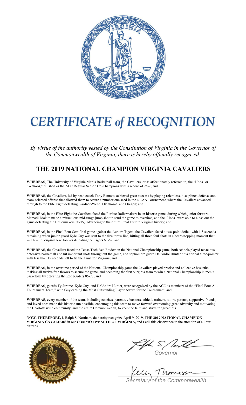 The 2019 National Champion Virginia Cavaliers