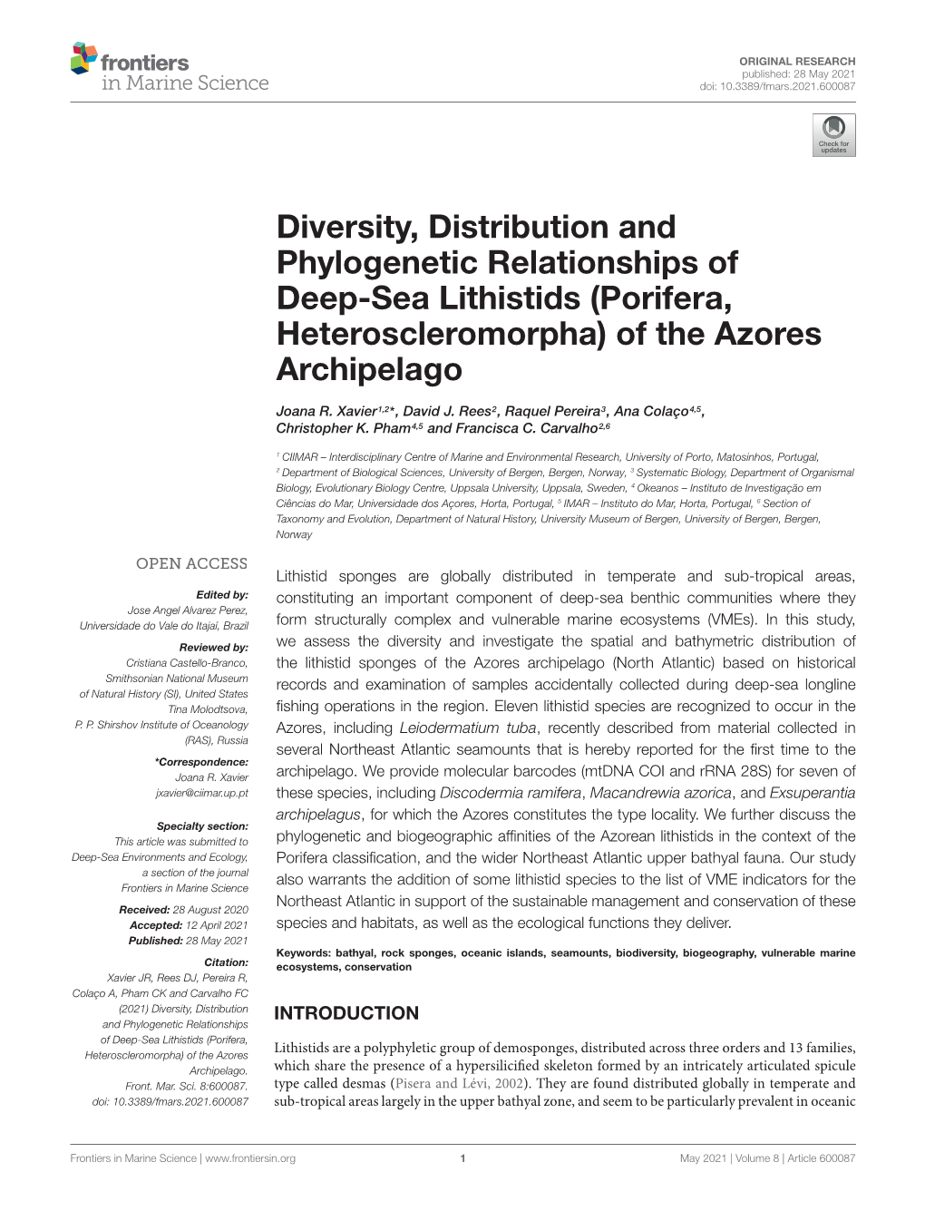 Diversity, Distribution and Phylogenetic Relationships of Deep-Sea Lithistids (Porifera, Heteroscleromorpha) of the Azores Archipelago