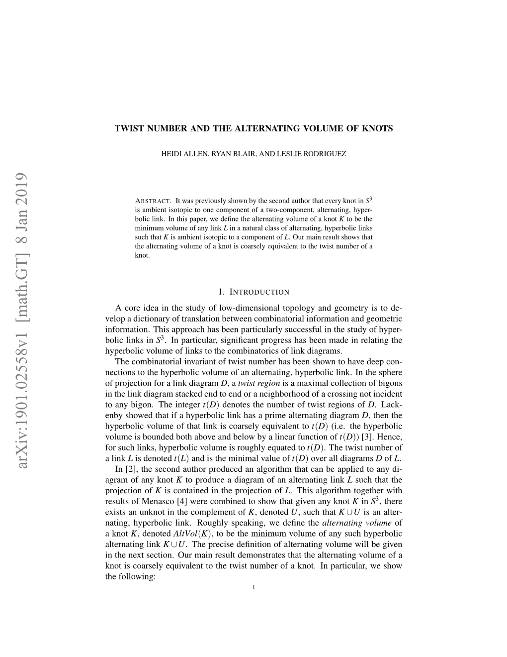 Arxiv:1901.02558V1 [Math.GT] 8 Jan 2019