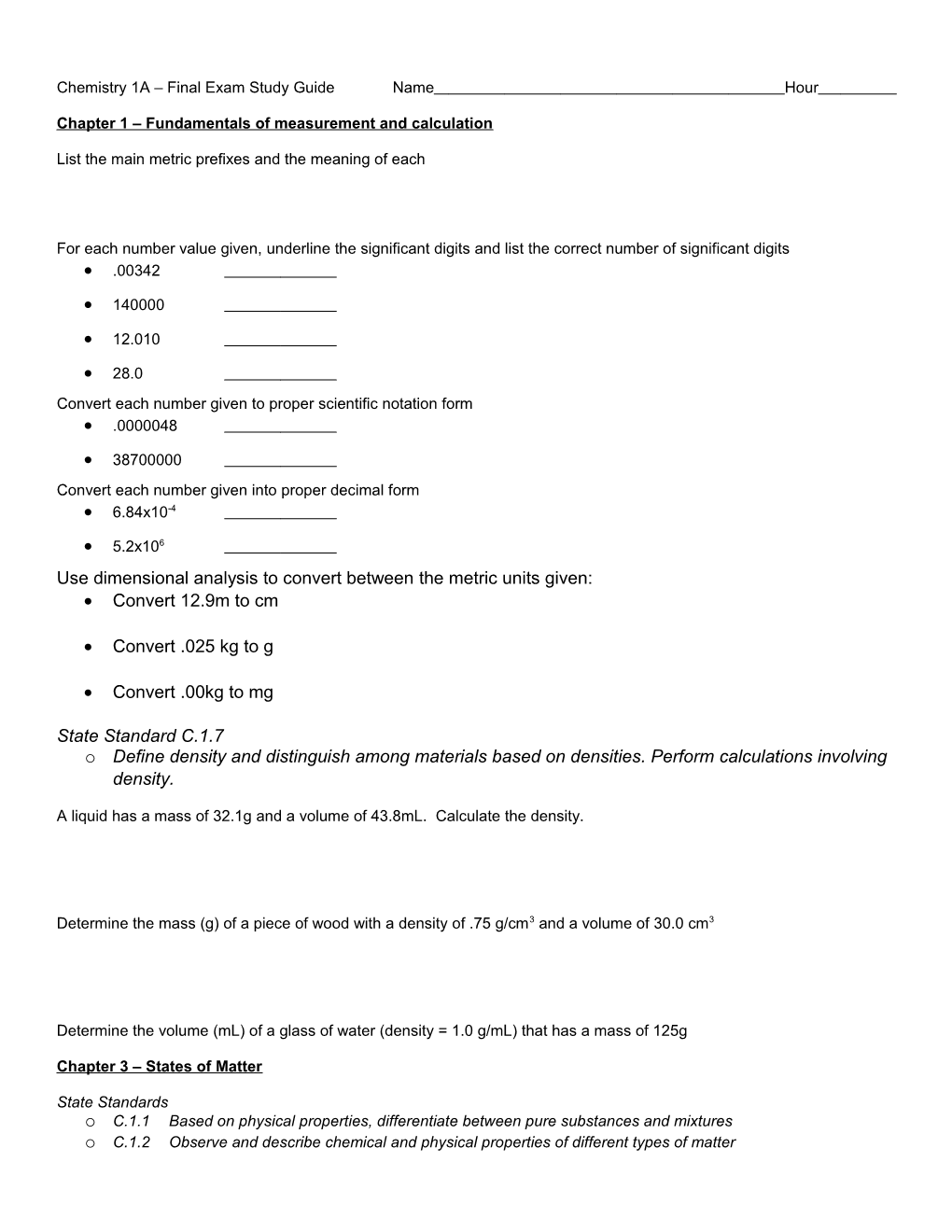 Chemistry 1A Final Exam Study Guide Name Hour