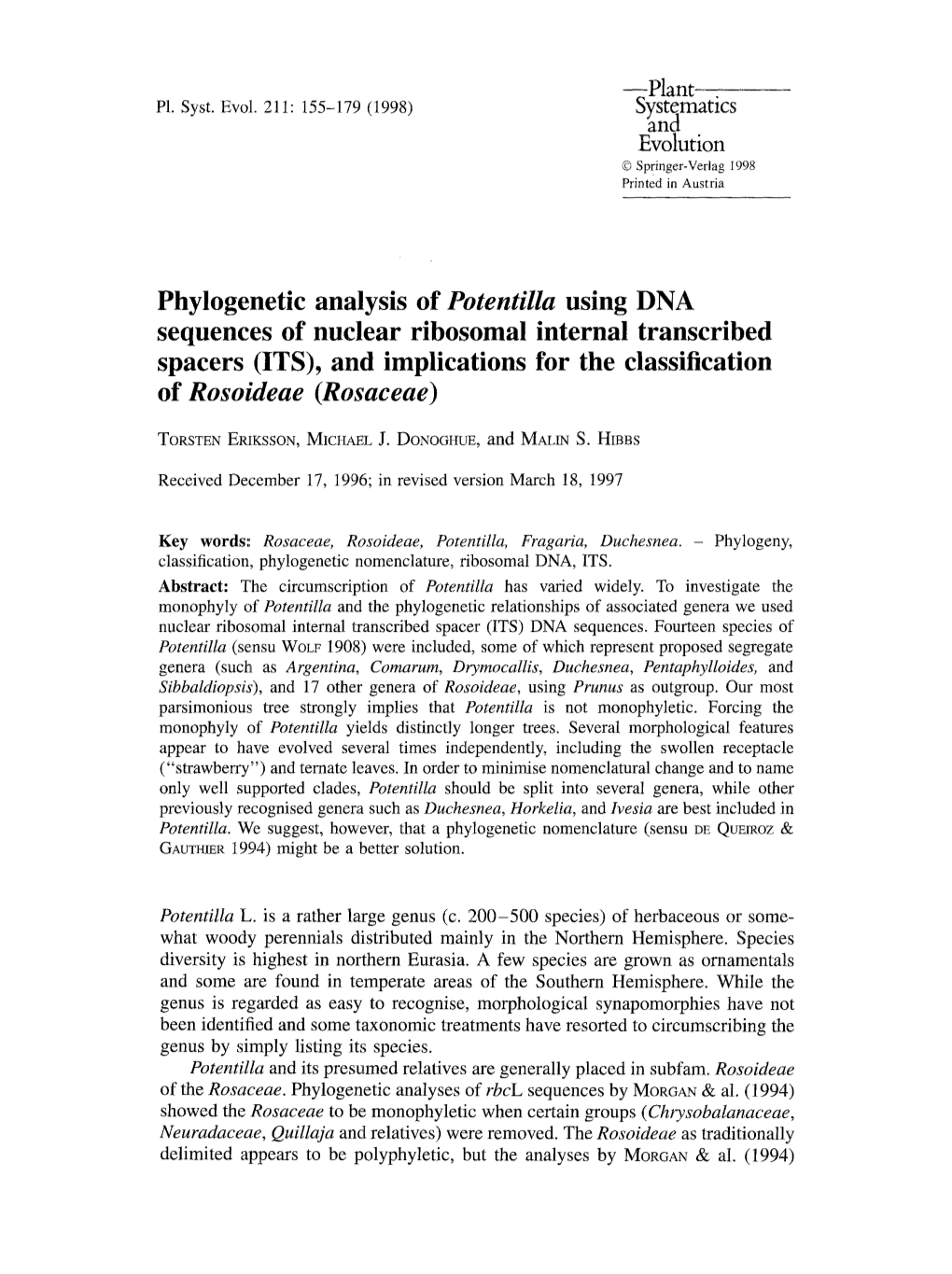 Potentilla Using DNA Sequences of Nuclear Ribosomal Internal Transcribed Spacers (ITS), and Implications for the Classification of Rosoideae (Rosaceae)