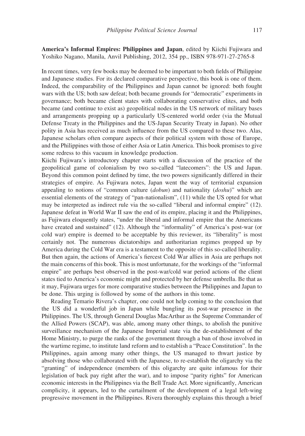 Philippines and Japan, Edited by Kiichi Fujiwara and Yoshiko Nagano, Manila, Anvil Publishing, 2012, 354 Pp., ISBN 978-971-27-2765-8