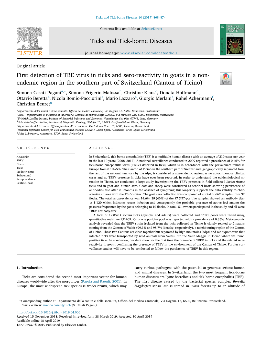 First Detection of TBE Virus in Ticks and Sero-Reactivity in Goats in a Non-Endemic Region in the Southern Part of Switzerland (