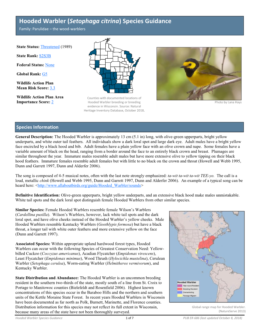 Hooded Warbler (Setophaga Citrina) Species Guidance Family: Parulidae – the Wood-Warblers