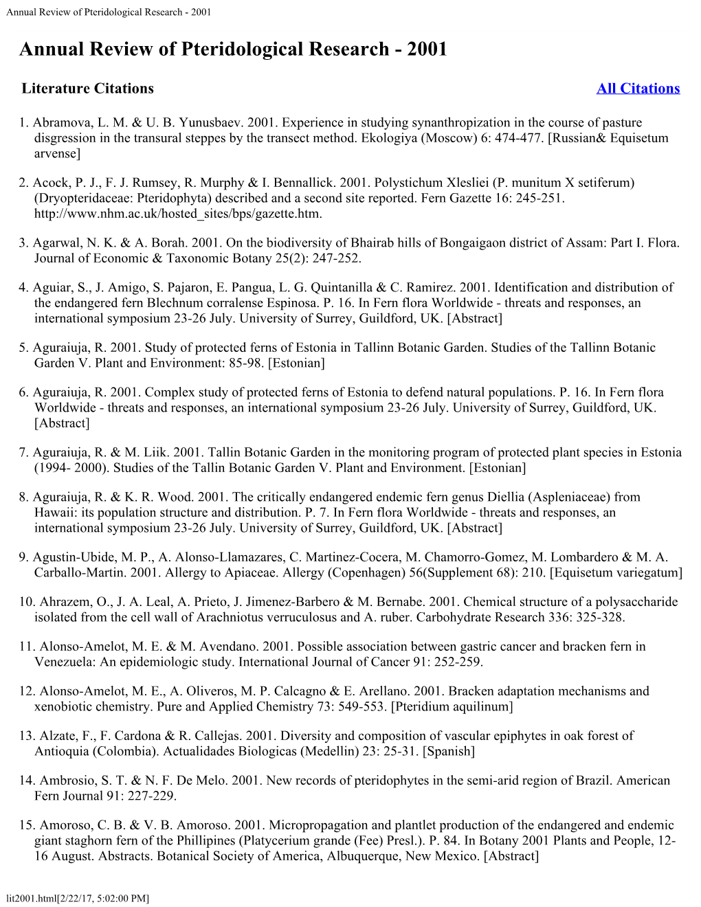 Annual Review of Pteridological Research - 2001