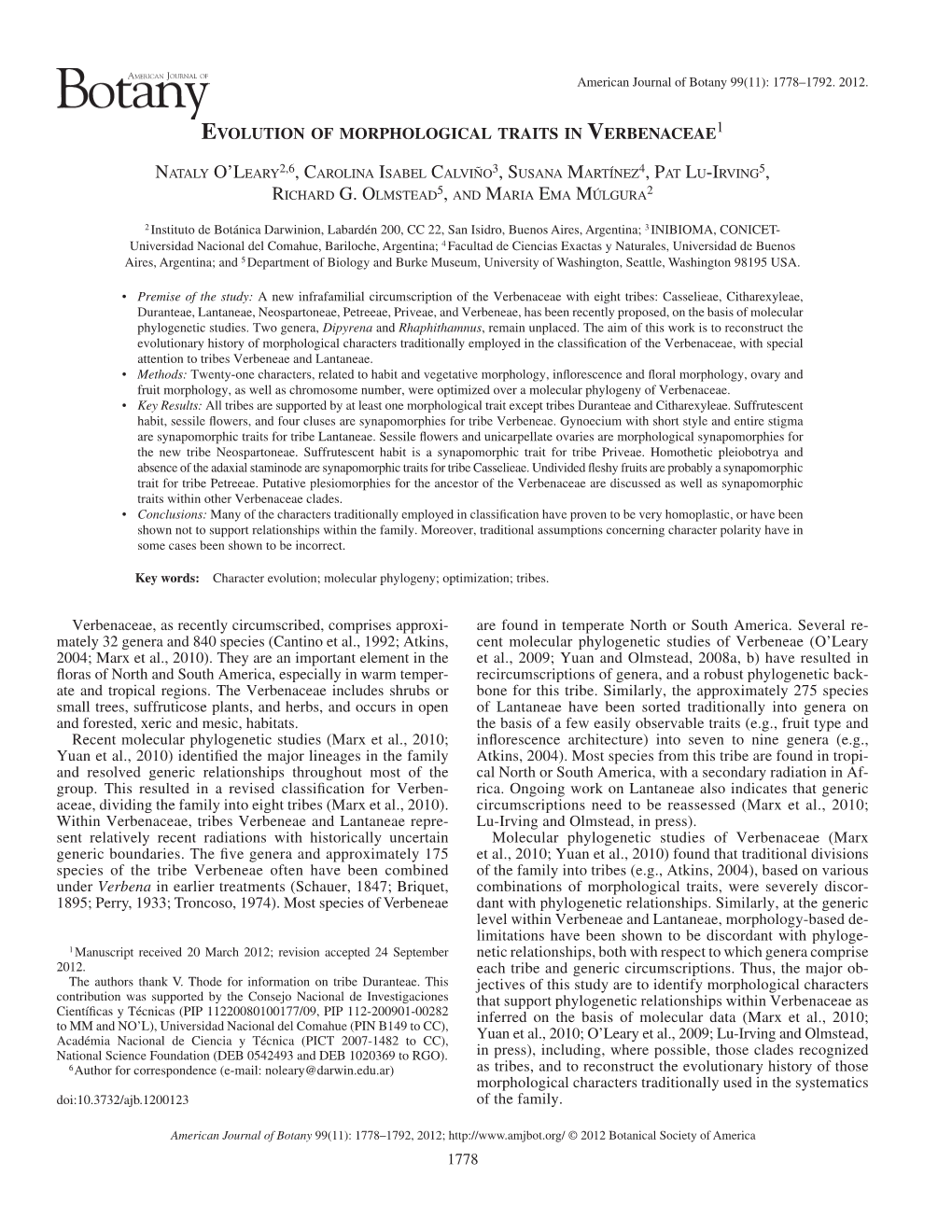 Evolution of Morphological Traits in Verbenaceae