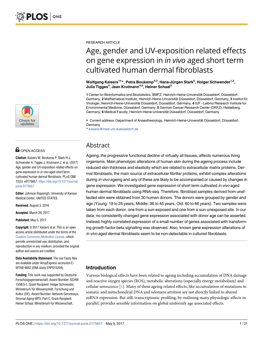 Age, Gender and UV-Exposition Related Effects on Gene Expression in in Vivo Aged Short Term Cultivated Human Dermal Fibroblasts