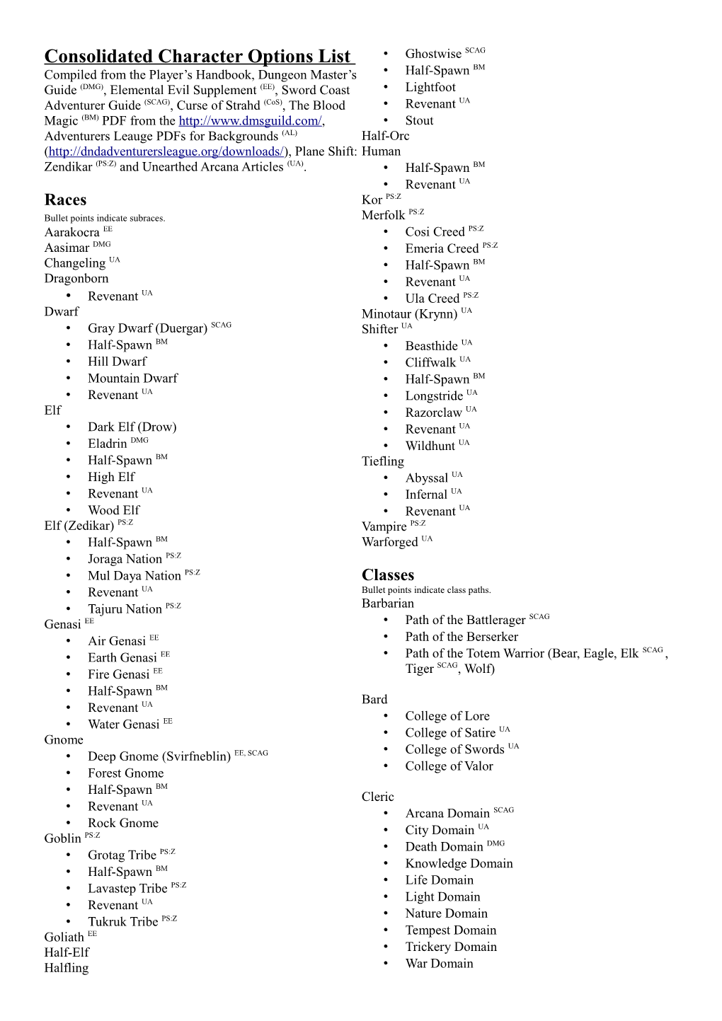 Consolidated Character Options List