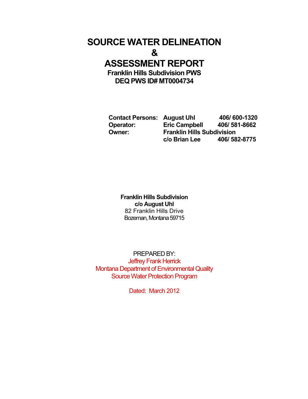 Source Water Delineation & Assessment Report