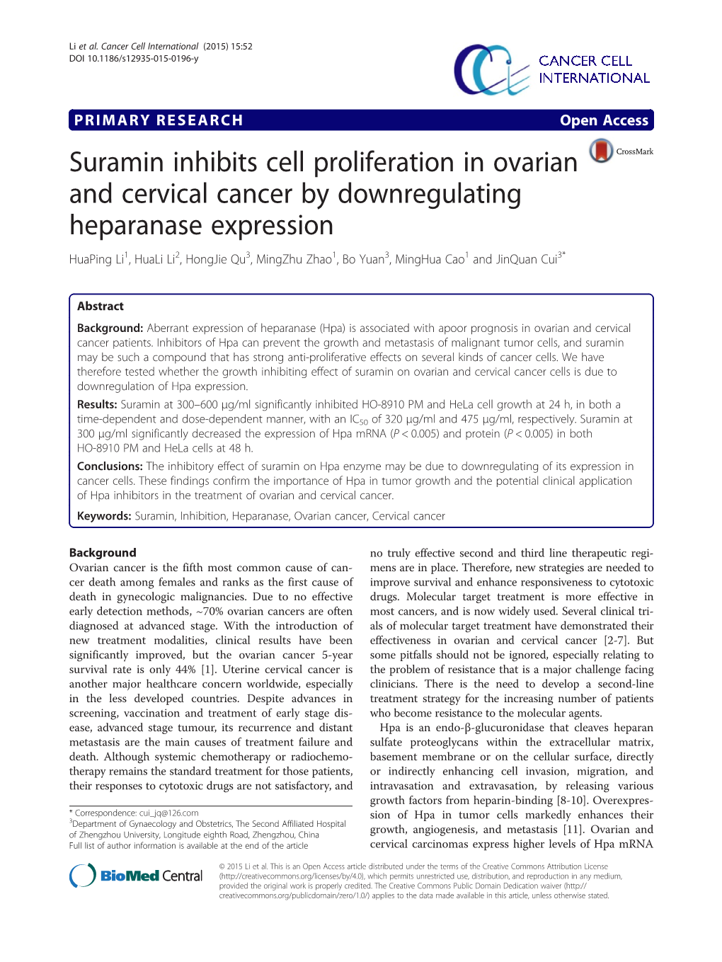 Suramin Inhibits Cell Proliferation in Ovarian and Cervical Cancer By