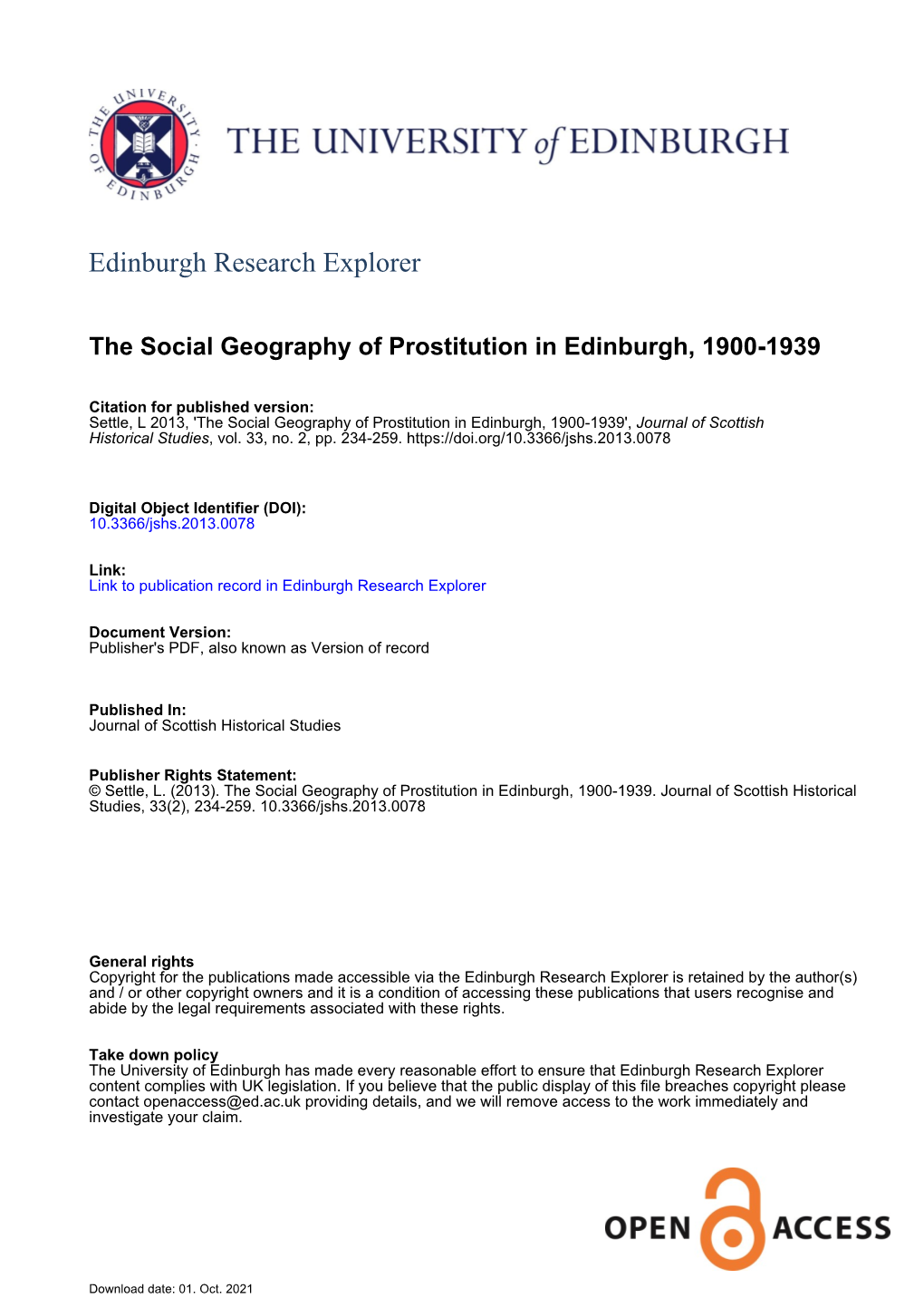 The Social Geography of Prostitution in Edinburgh, 1900-1939