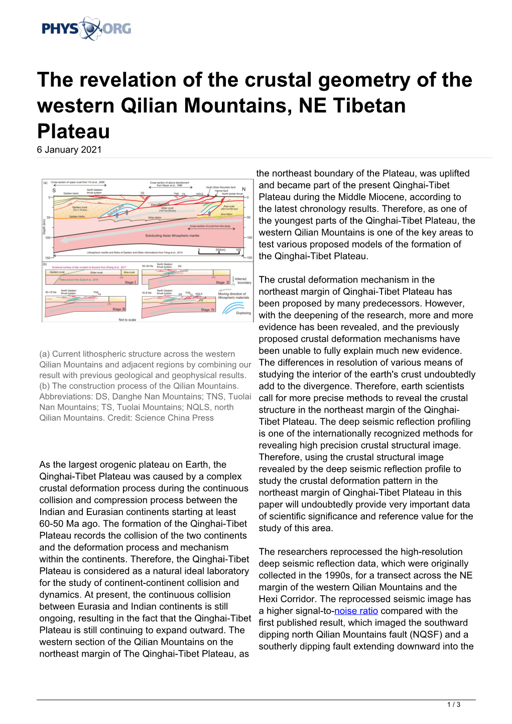 The Revelation of the Crustal Geometry of the Western Qilian Mountains, NE Tibetan Plateau 6 January 2021