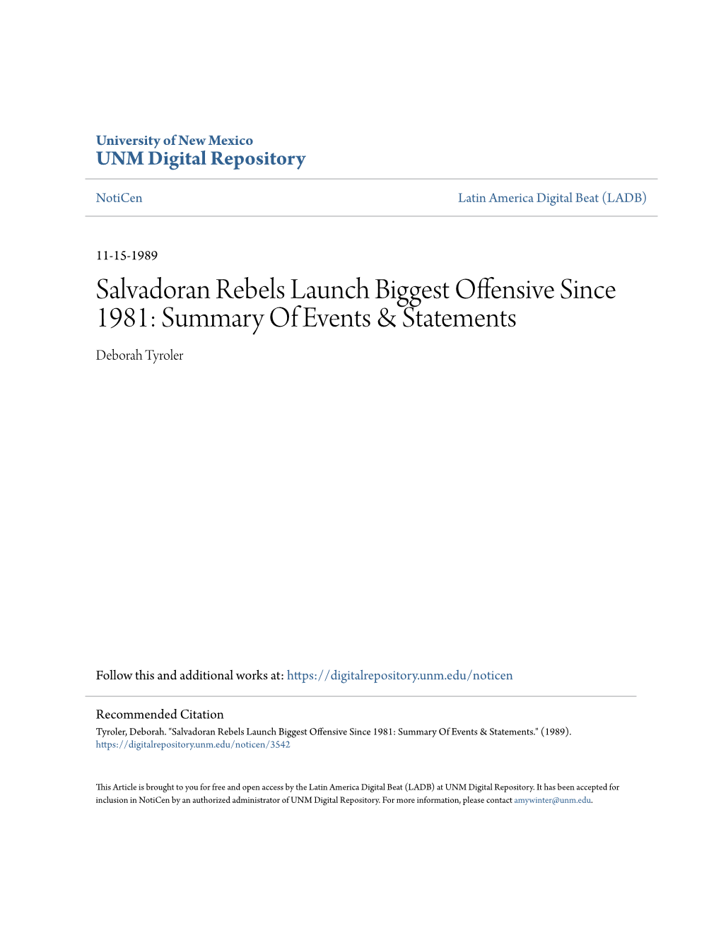 Salvadoran Rebels Launch Biggest Offensive Since 1981: Summary of Events & Statements Deborah Tyroler