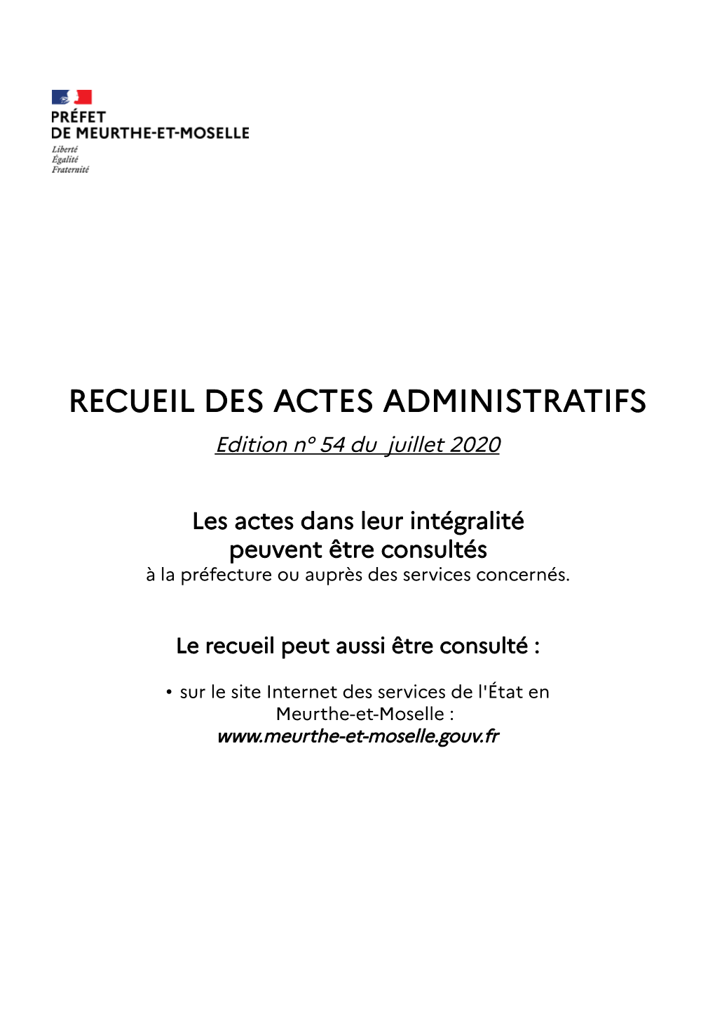 RECUEIL DES ACTES ADMINISTRATIFS Edition N° 54 Du Juillet 2020