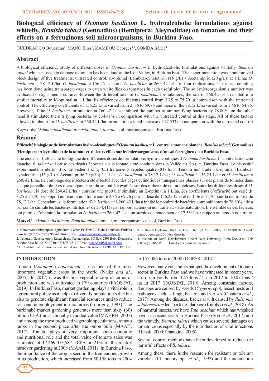 Biological Efficiency of Ocimum Basilicum L. Hydroalcoholic Formulations Against Whitefly, Bemisia Tabaci (Gennadius) (Hemipter