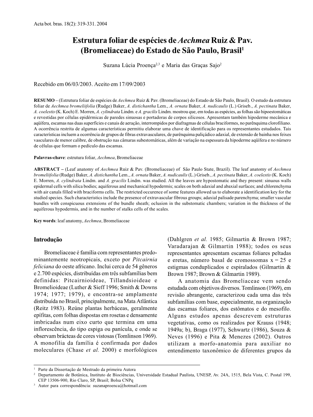 Estrutura Foliar De Espécies De Aechmea Ruiz & Pav