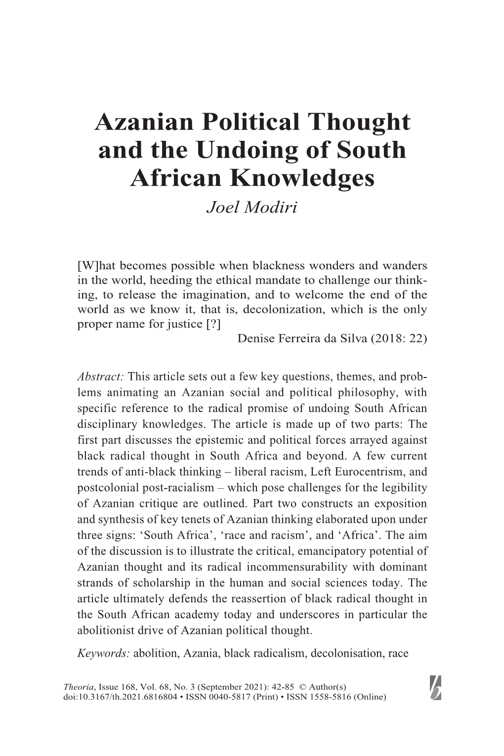 Azanian Political Thought and the Undoing of South African Knowledges Joel Modiri