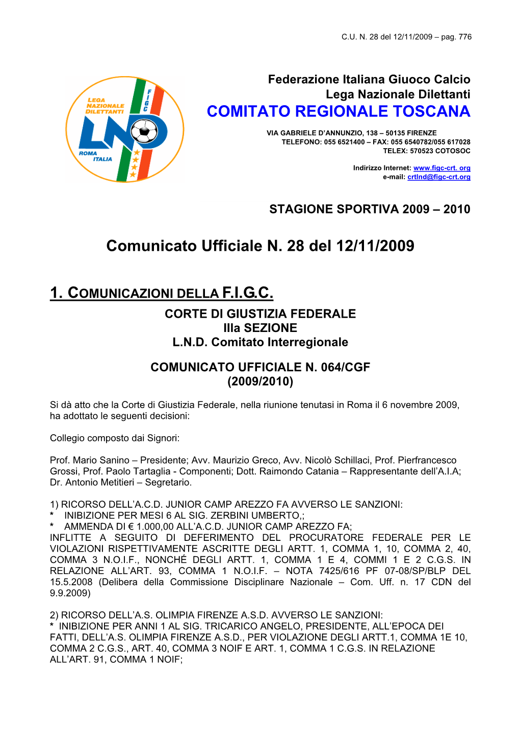 Comunicato Ufficiale N. 28 Del 12/11/2009 COMITATO