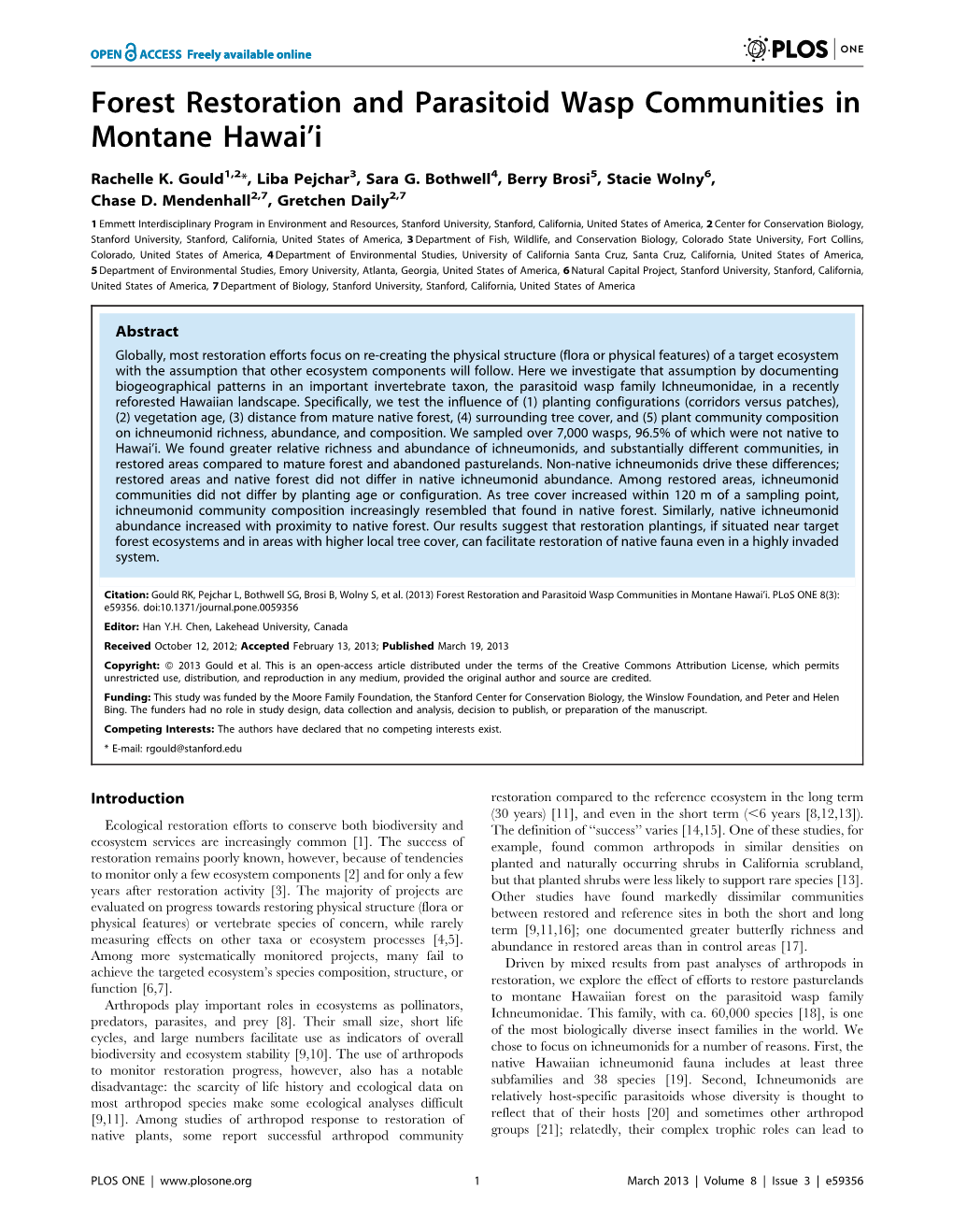 Forest Restoration and Parasitoid Wasp Communities in Montane Hawai’I