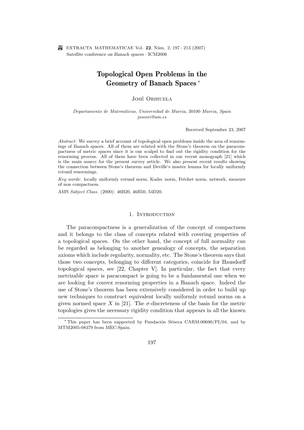 Topological Open Problems in the Geometry of Banach Spaces ∗