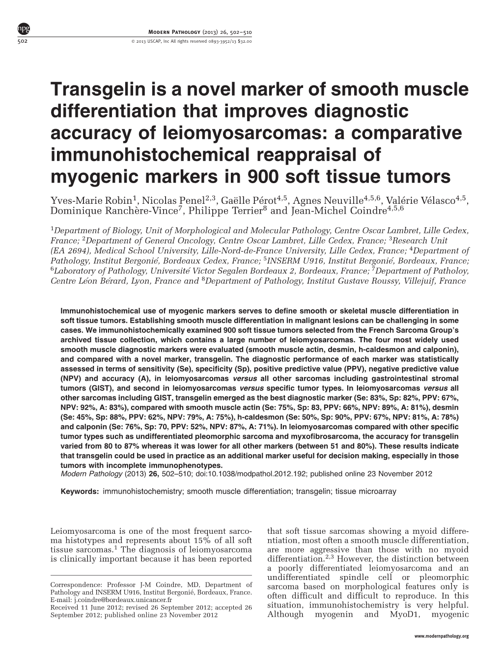 Transgelin Is a Novel Marker of Smooth Muscle Differentiation That Improves Diagnostic Accuracy of Leiomyosarcomas