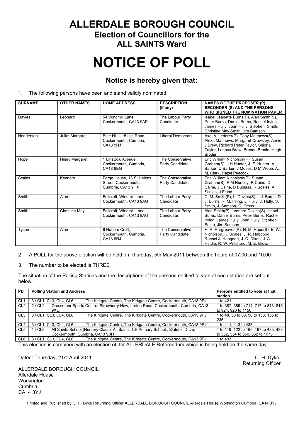 Election of Councillors for The