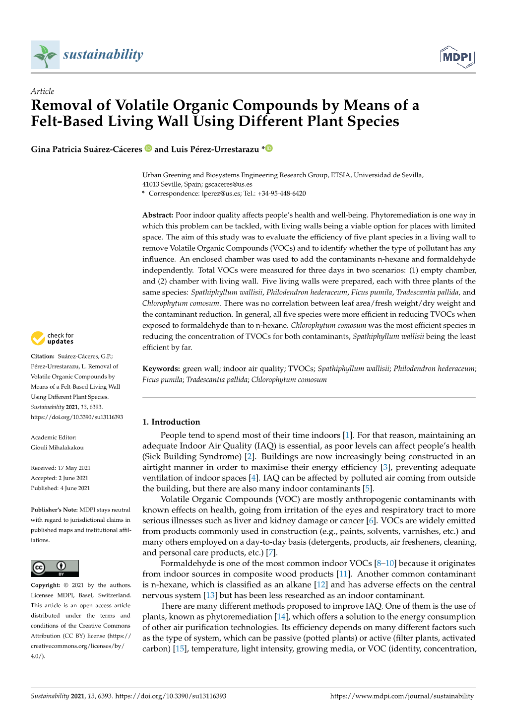 Removal of Volatile Organic Compounds by Means of a Felt-Based Living Wall Using Different Plant Species