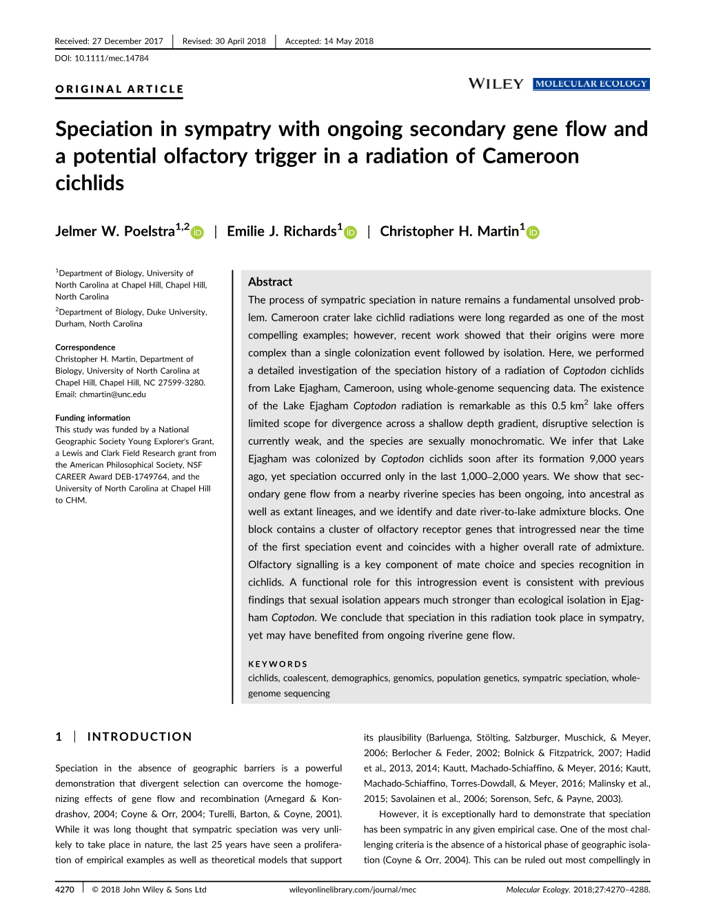 Speciation in Sympatry with Ongoing Secondary Gene Flow and a Potential Olfactory Trigger in a Radiation of Cameroon Cichlids