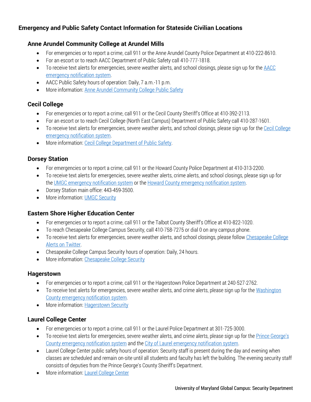 Emergency and Public Safety Contact Information for Stateside Civilian Locations