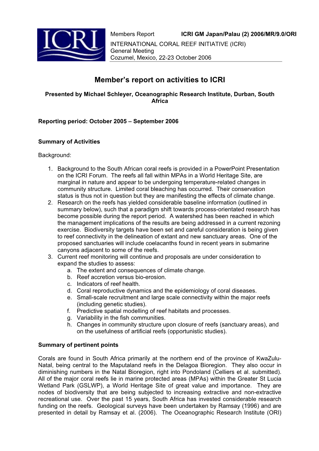 Member's Report on Activities to ICRI