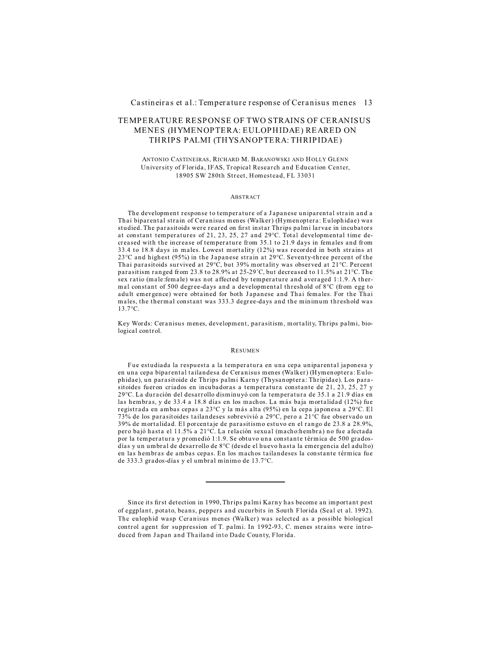 Castineiras Et Al.: Temperature Response of Ceranisus Menes 13