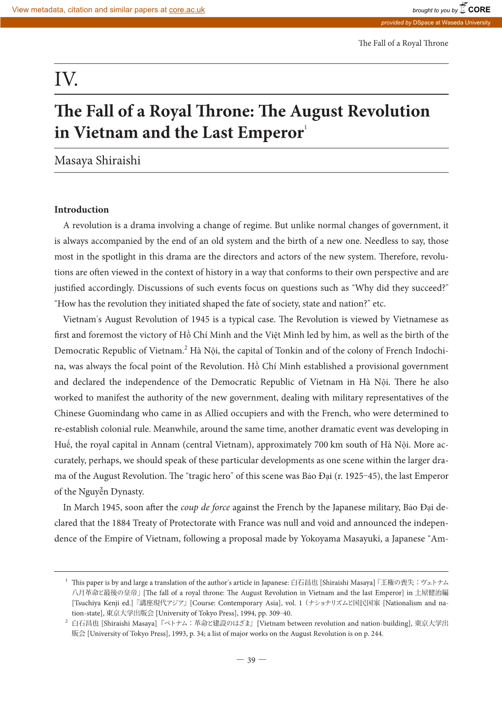 E August Revolution in Vietnam and the Last Emperor1 Masaya Shiraishi