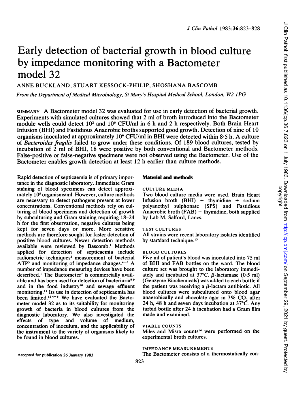 Early Detection of Bacterial Growth in Blood Culture by Impedance Monitoring with a Bactometer