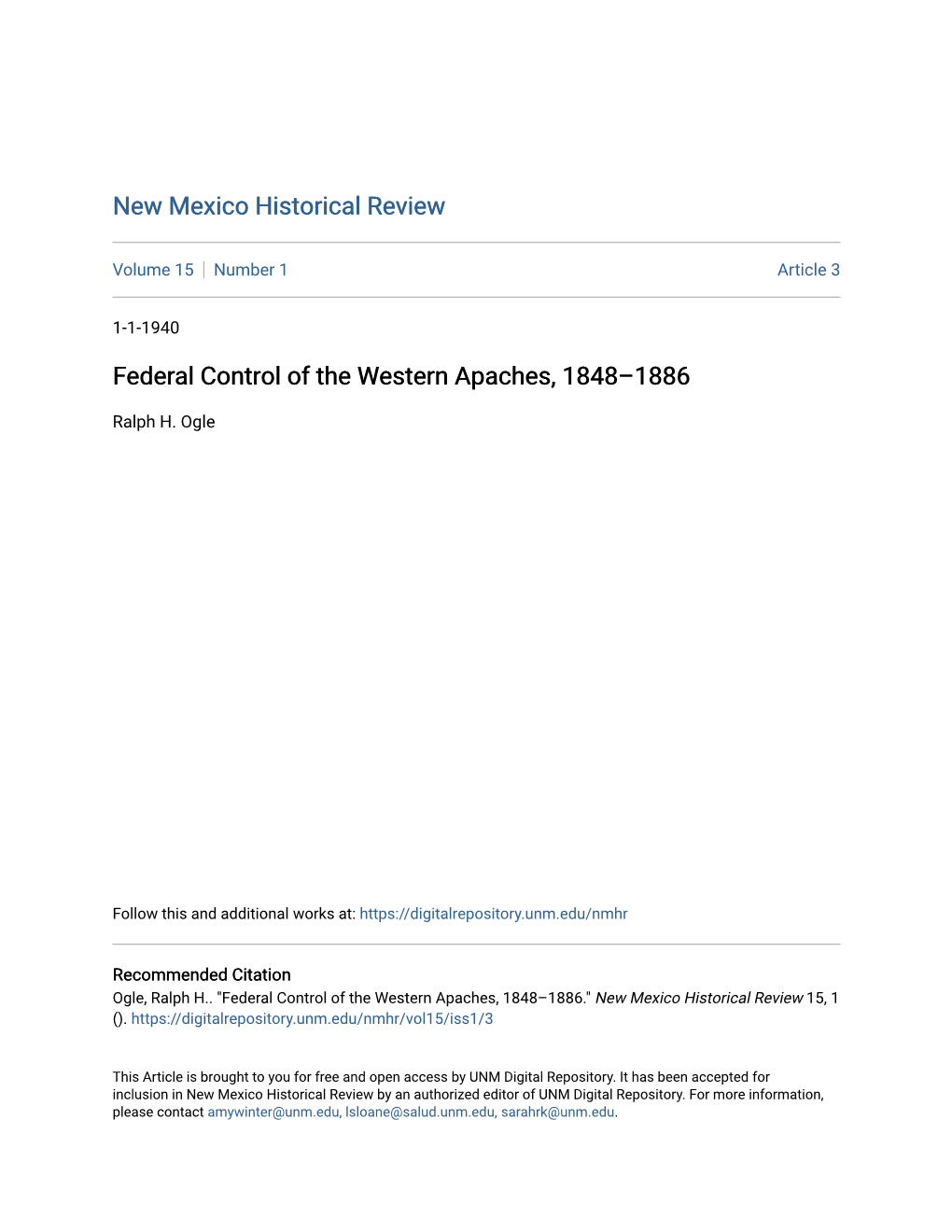 Federal Control of the Western Apaches, 1848–1886