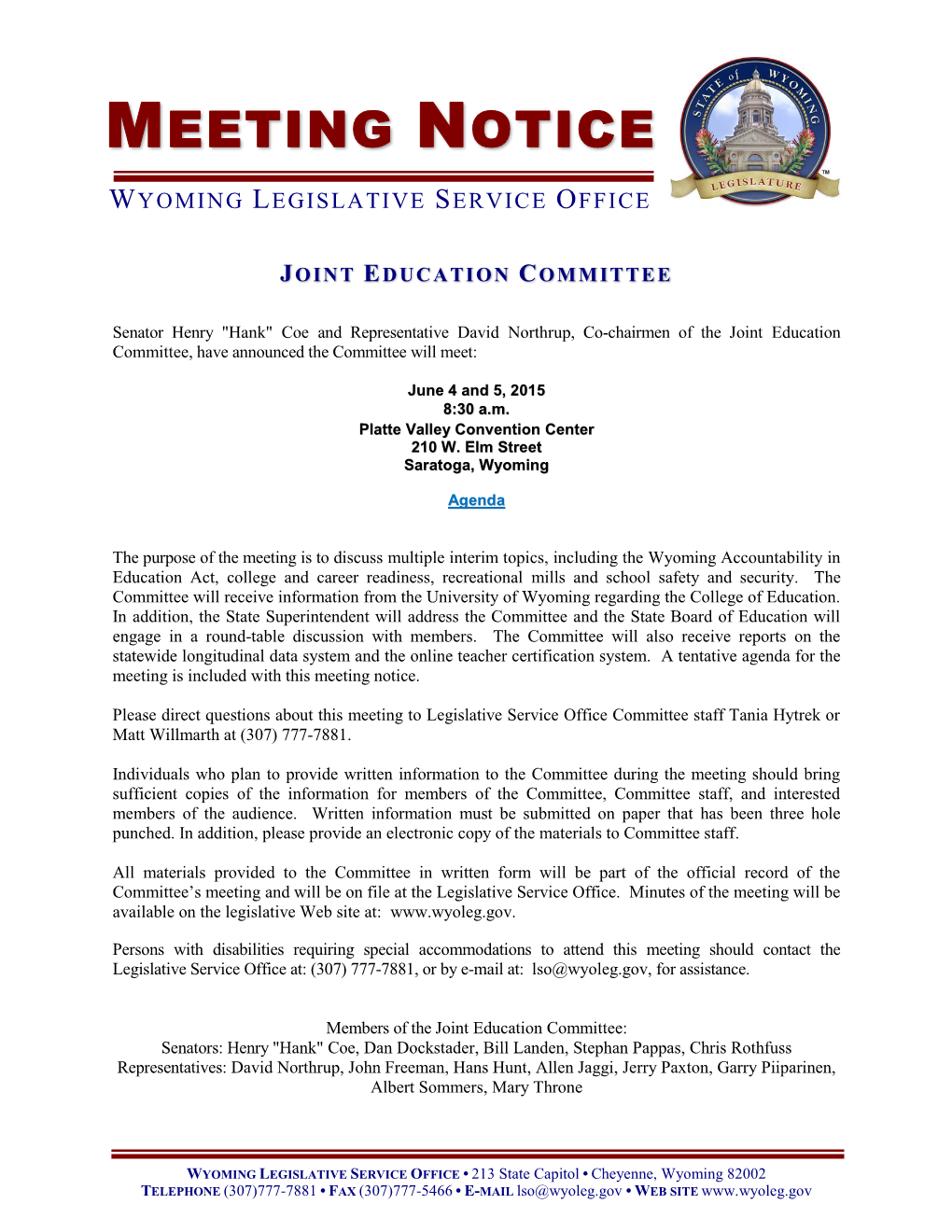 Joint Education Interim Committee Meeting