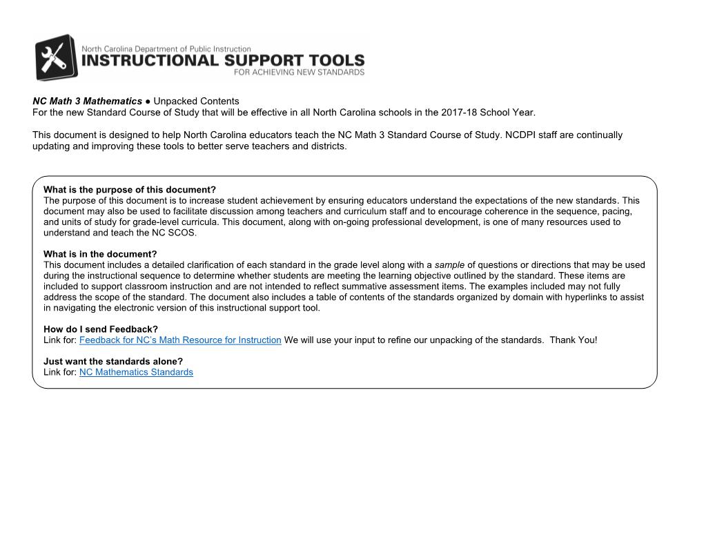 NC Math 3 Mathematics ○ Unpacked Contents for the New Standard