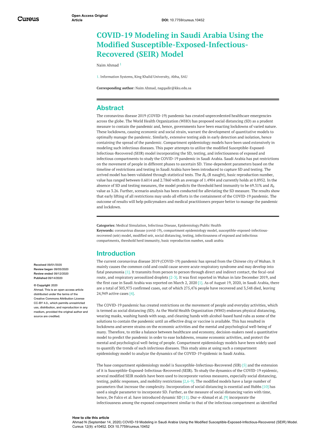 COVID-19 Modeling in Saudi Arabia Using the Modified Susceptible-Exposed-Infectious- Recovered (SEIR) Model