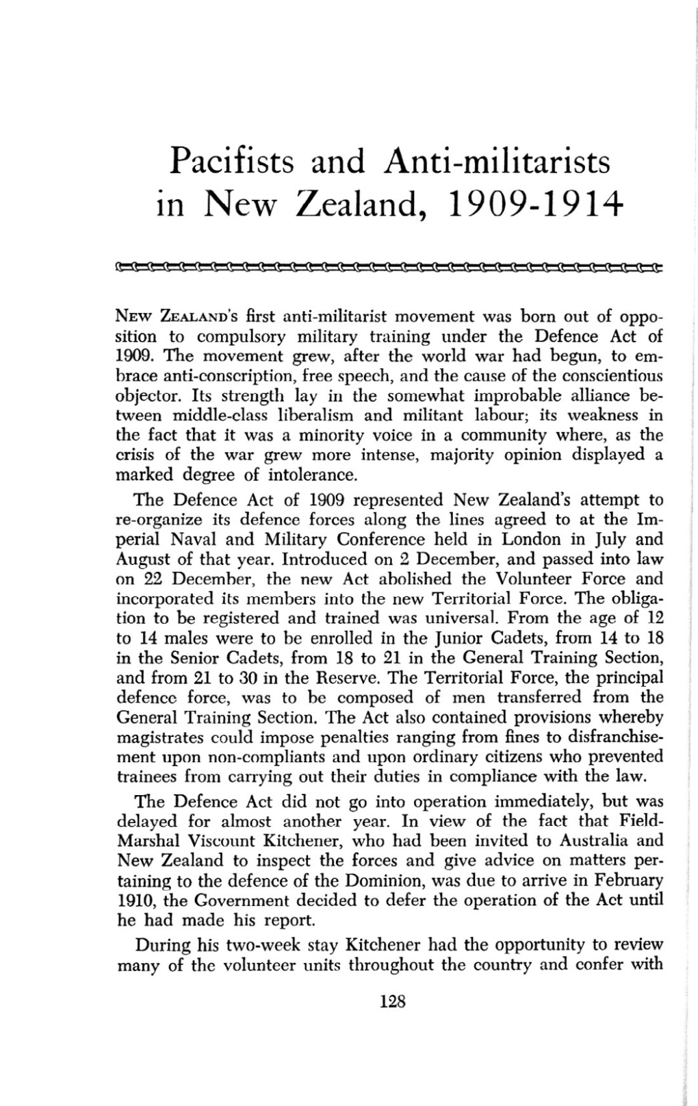 Pacifists and Anti-Militarists in New Zealand, 1909-1914, by R. L. Weitzel, P 128-147NZJH 07 2 02