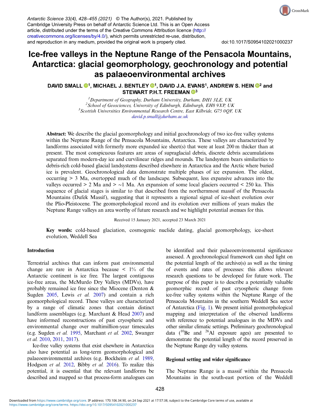 Ice-Free Valleys in the Neptune Range of the Pensacola Mountains, Antarctica: Glacial Geomorphology, Geochronology and Potential