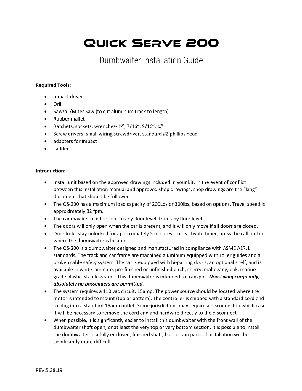 Dumbwaiter Installation Guide Rev 5 2019