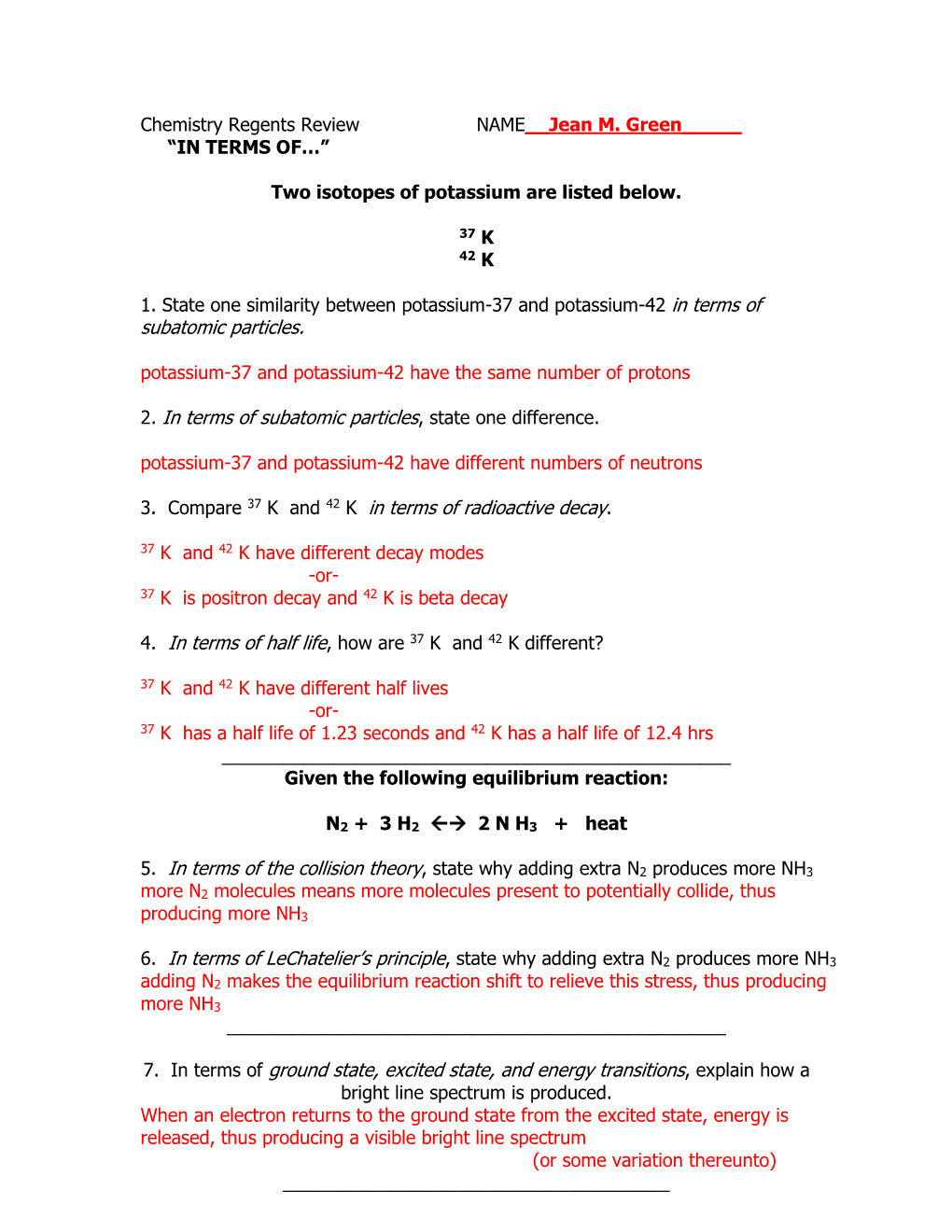 Chemistry Regents Review NAME__Jean M