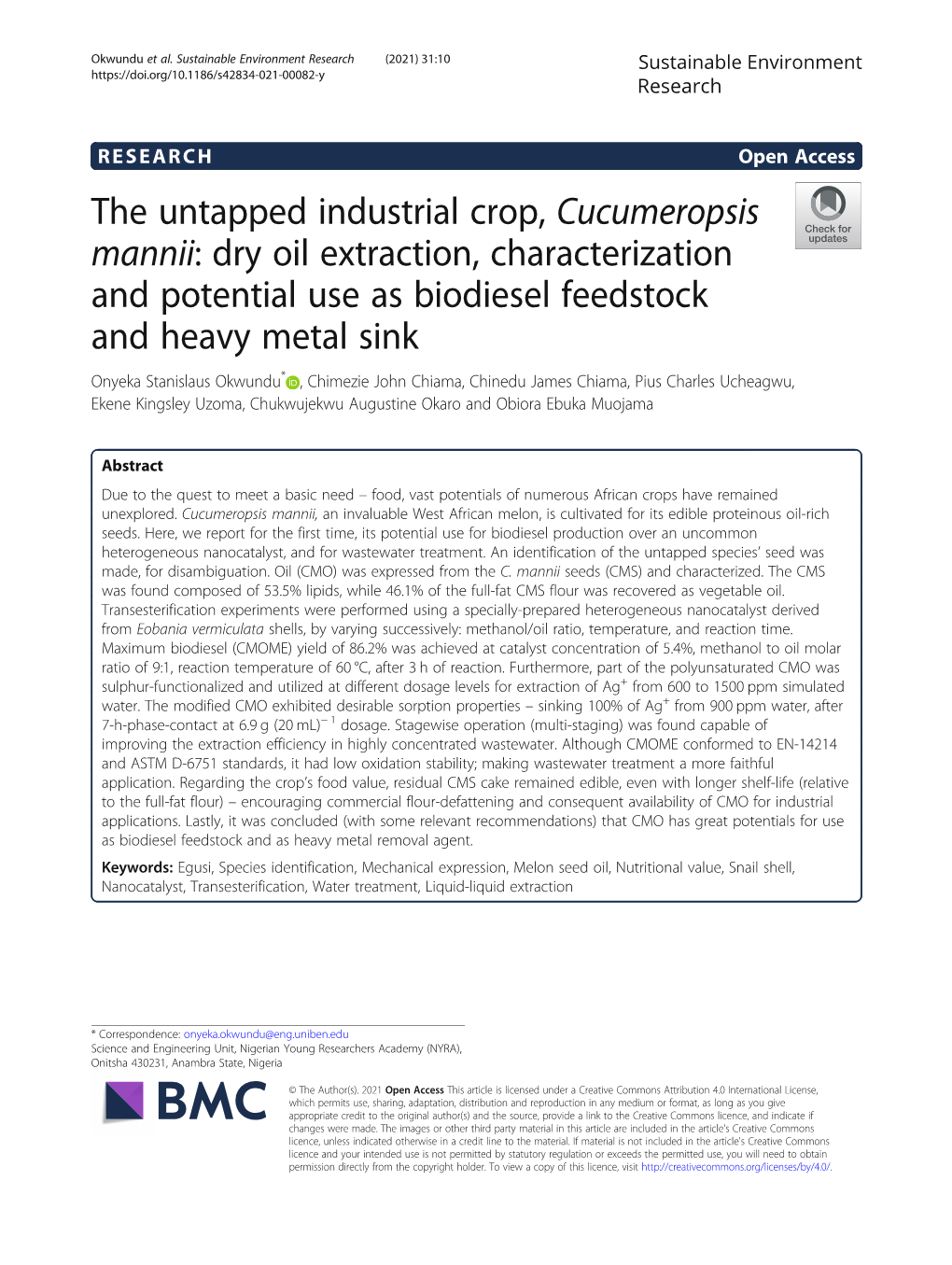 The Untapped Industrial Crop, Cucumeropsis Mannii: Dry Oil