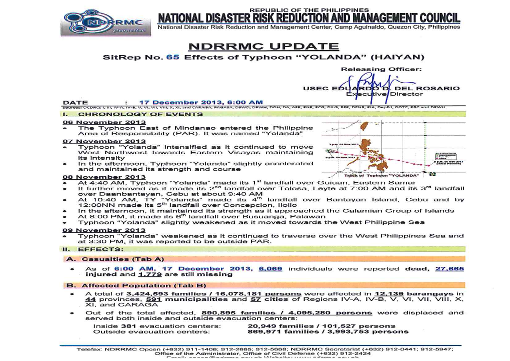 NDRRMC Update Re Sit Rep 65 Effects of TY YOLANDA